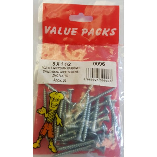 8 X 1 1/2'' Pozi Csk Hardened Twinthread Woodscrews Zinc 30 Per Pack 8 X 1 1/2'' Pozi Csk Hardened Twinthread Woodscrews Zinc 30 Per Pack
